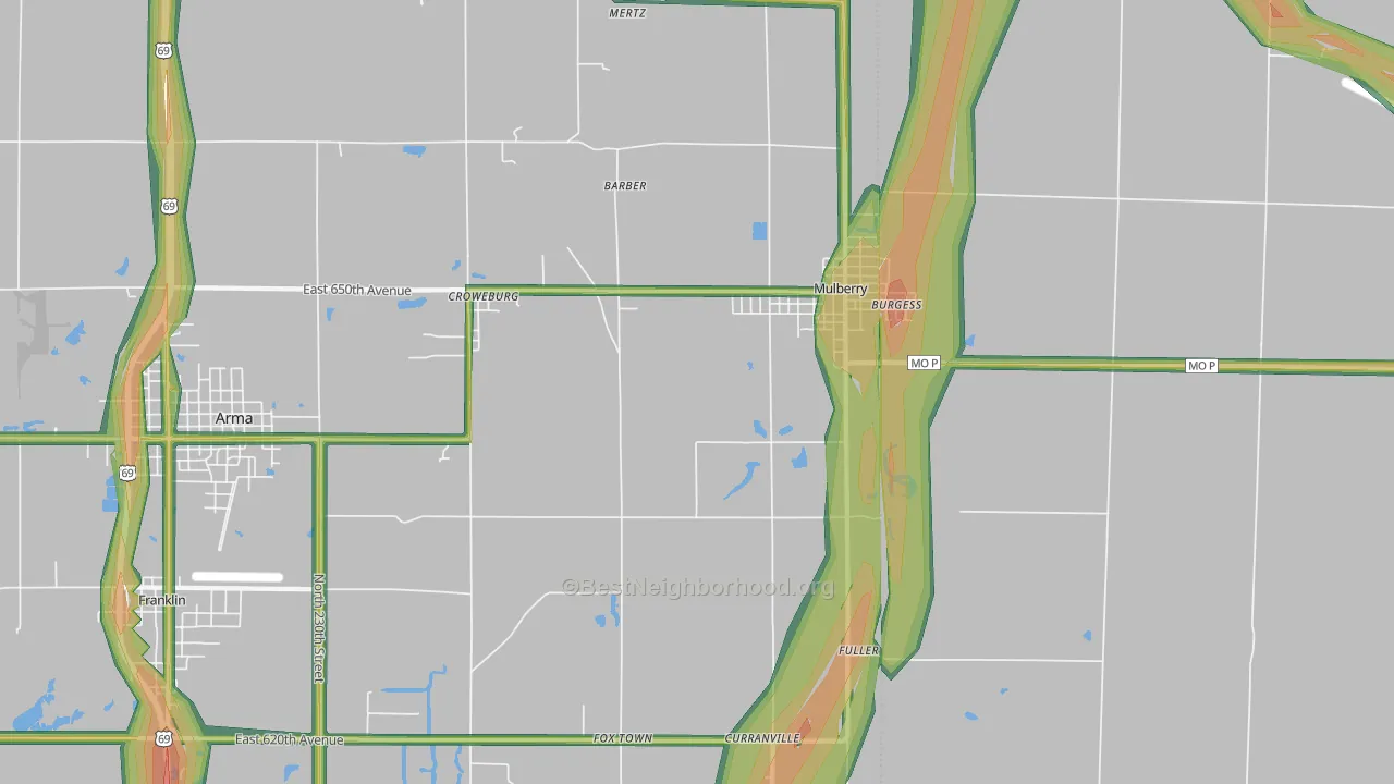 Mulberry, KS Map of Noise Levels in Mulberry