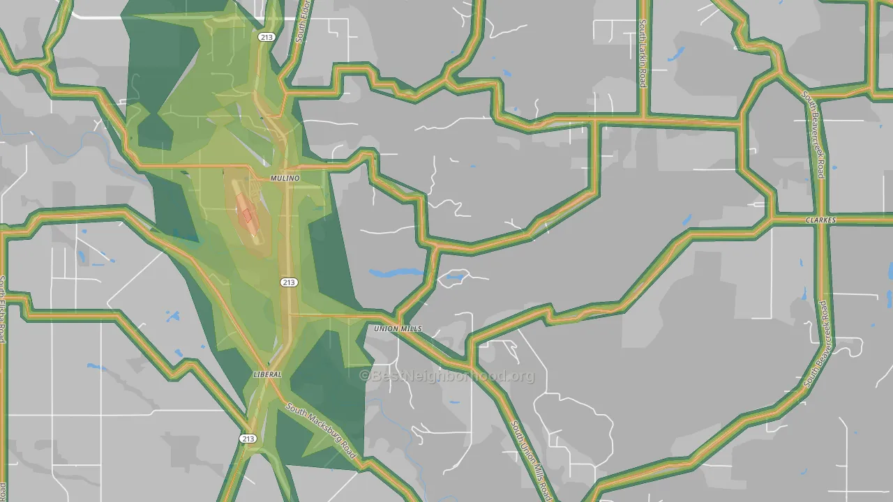 Mulino, OR Map of Noise Levels in Mulino