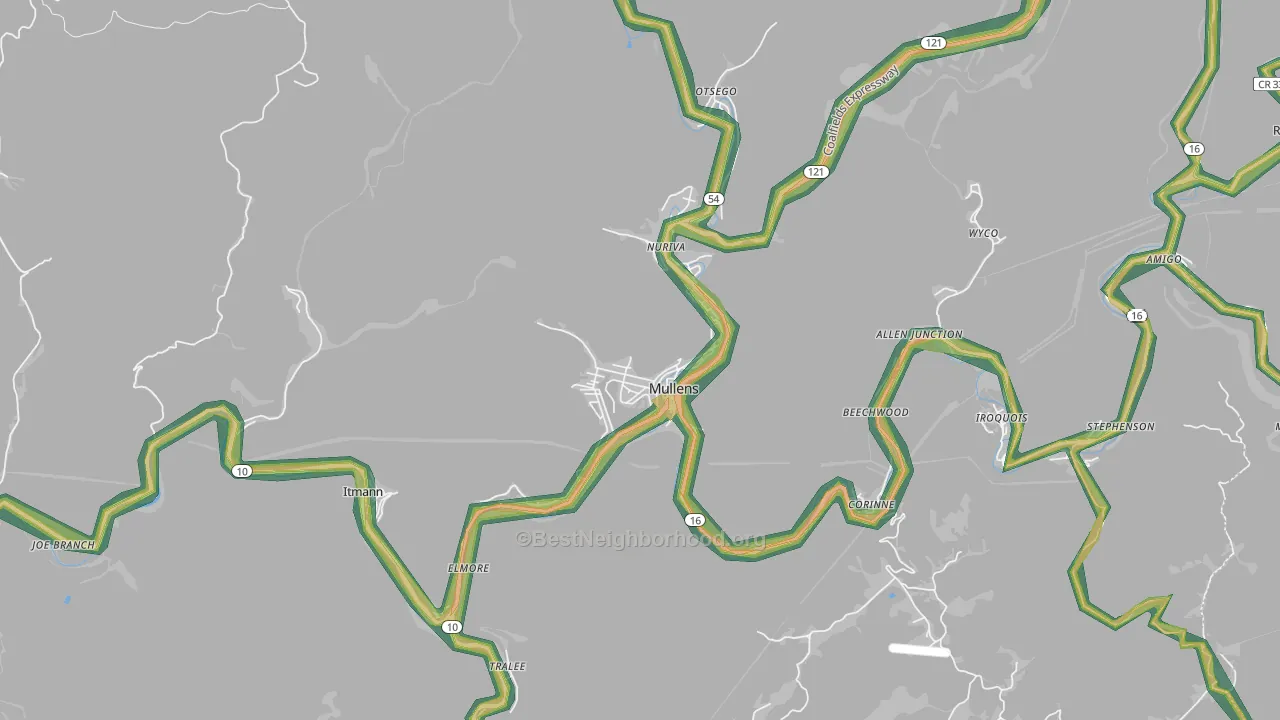 Mullens, WV Map of Noise Levels in Mullens