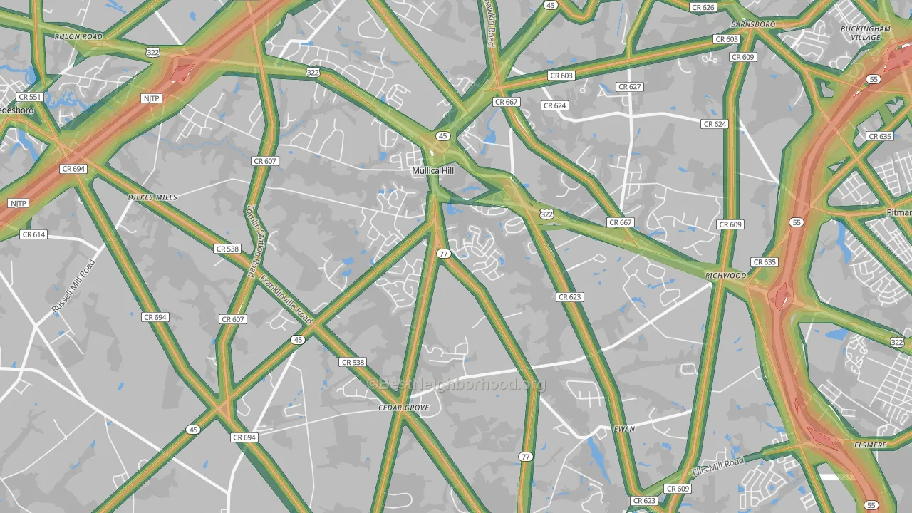 Mullica Hill, NJ Map of Noise Levels in Mullica Hill