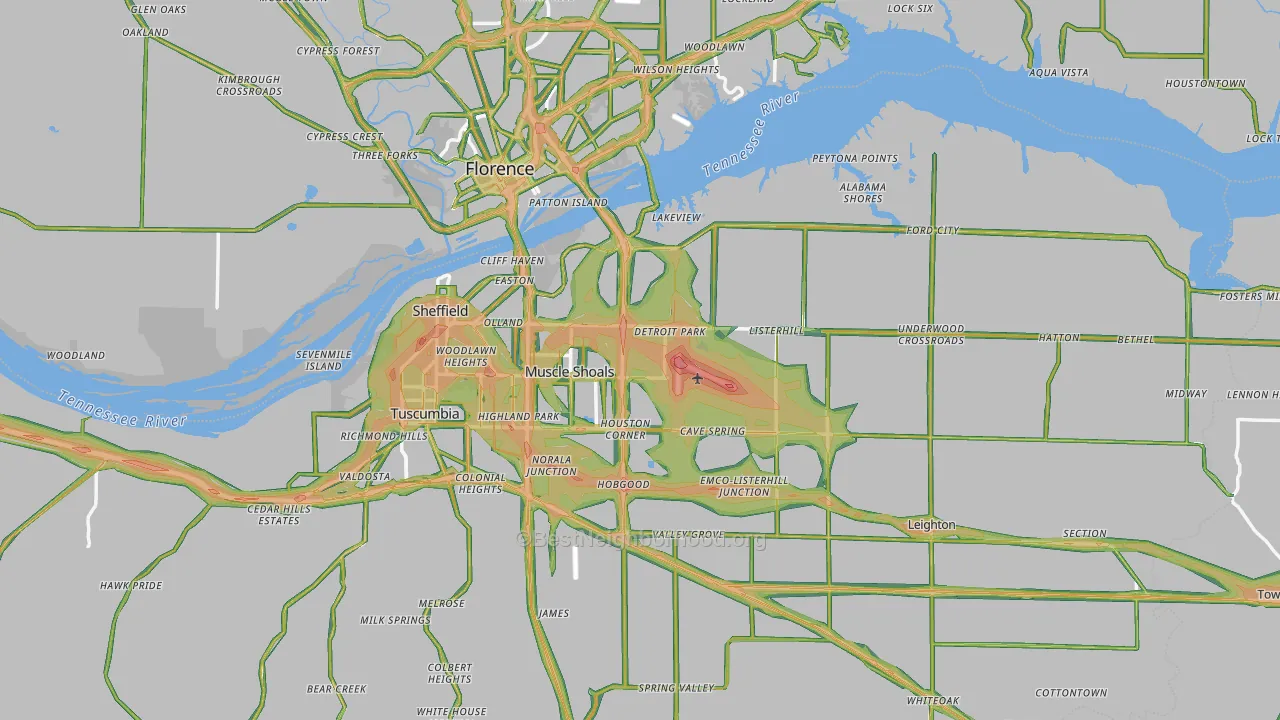 Muscle Shoals, AL Map of Noise Levels in Muscle Shoals