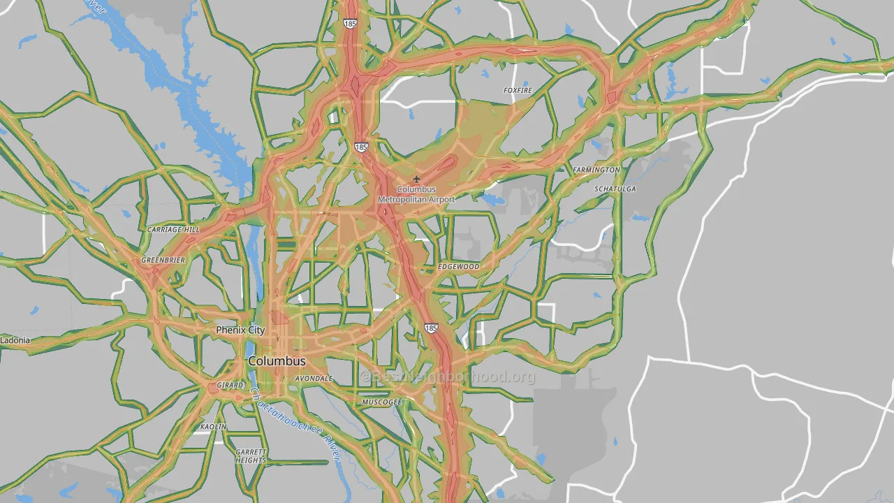 Muscogee County, GA Map of Noise Levels in Muscogee County