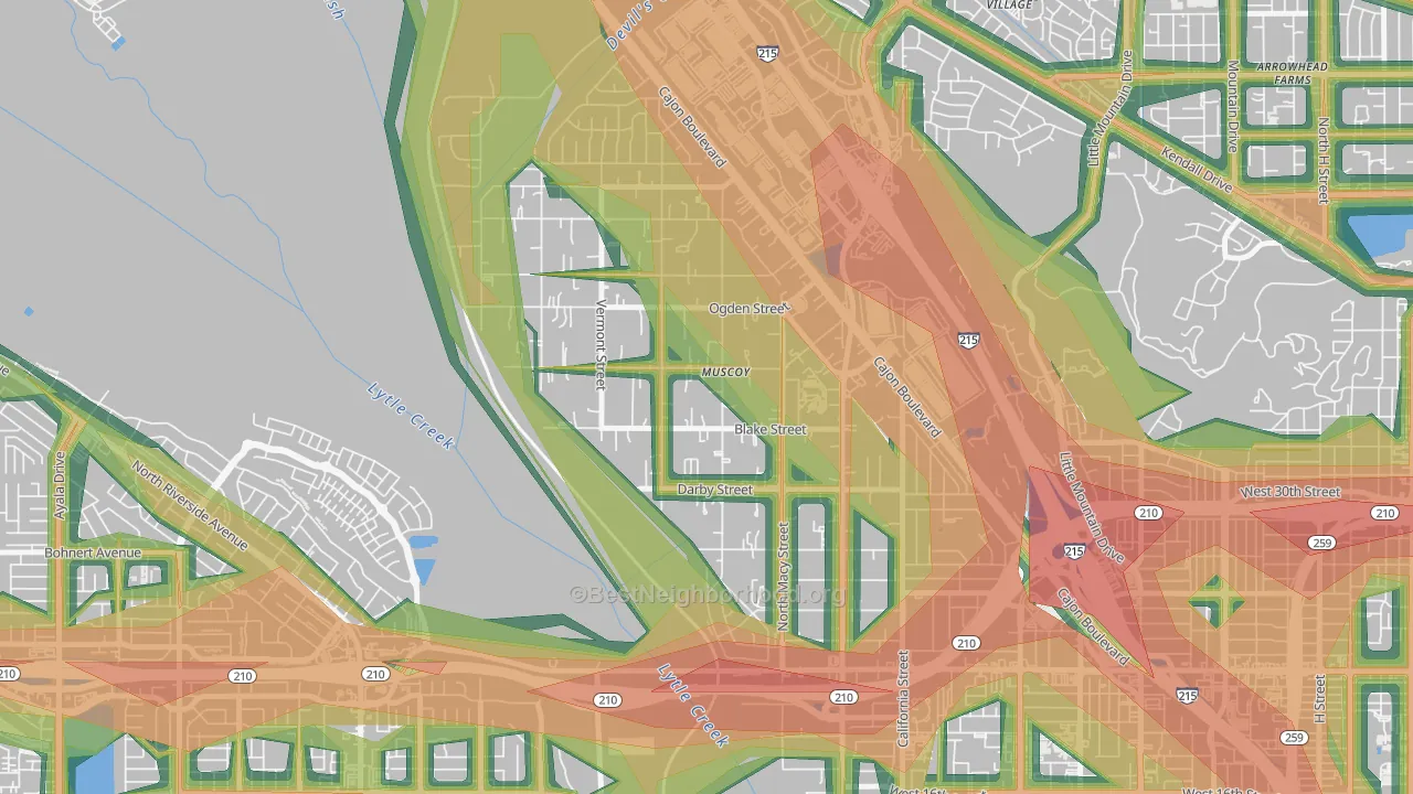 Muscoy, San Bernardino, CA Map of Noise Levels in Muscoy