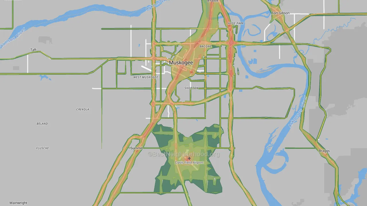 Muskogee County, OK Map of Noise Levels in Muskogee County