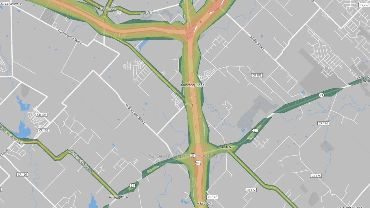 Mustang Ridge, TX Map of Noise Levels in Mustang Ridge