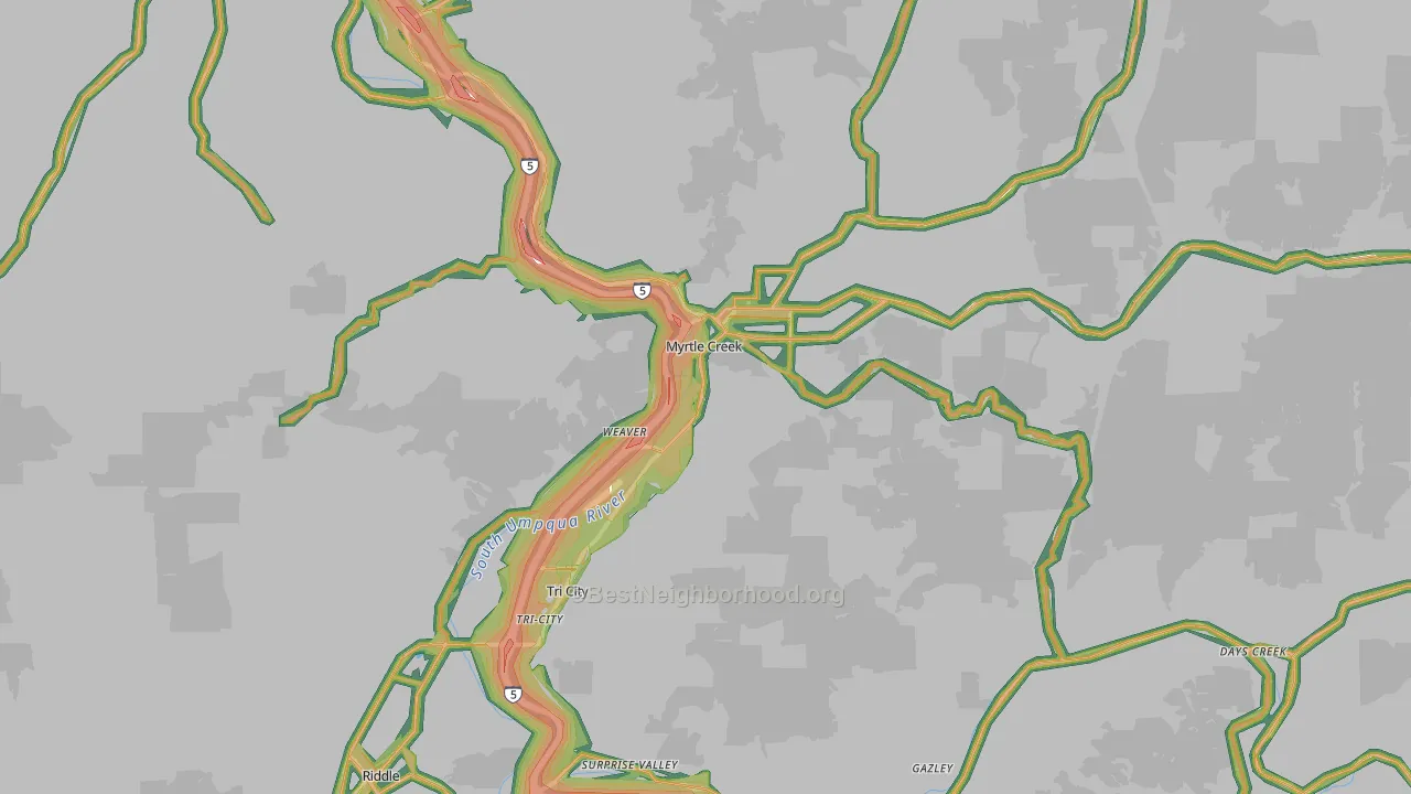 Myrtle Creek, OR Map of Noise Levels in Myrtle Creek