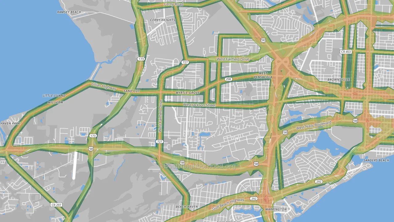 Myrtle Grove, FL Map of Noise Levels in Myrtle Grove