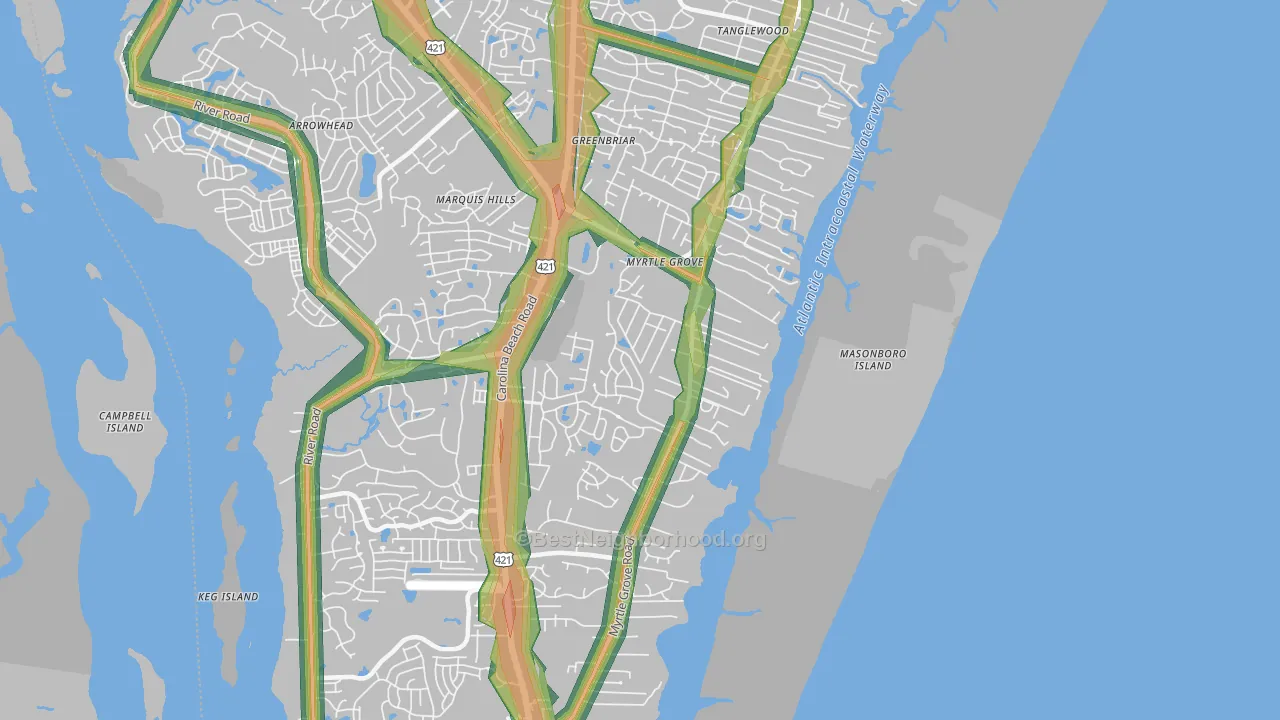 Myrtle Grove, NC Map of Noise Levels in Myrtle Grove