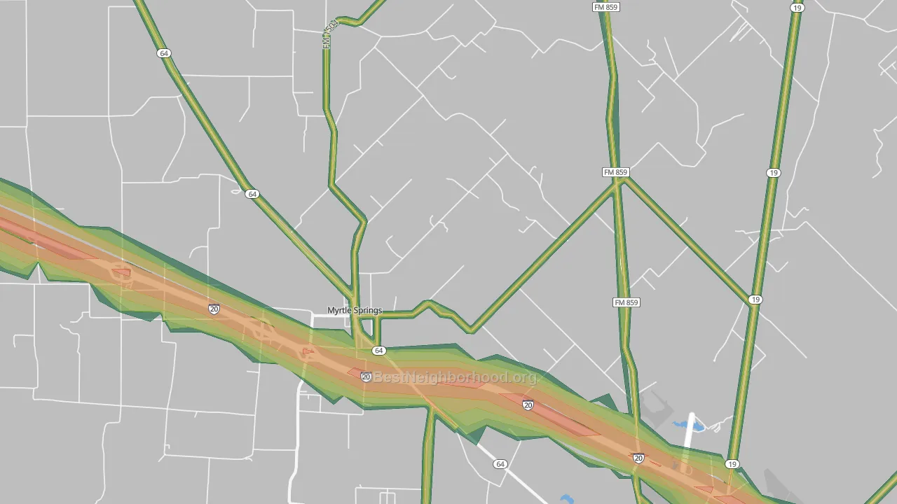 Myrtle Springs, TX Map of Noise Levels in Myrtle Springs