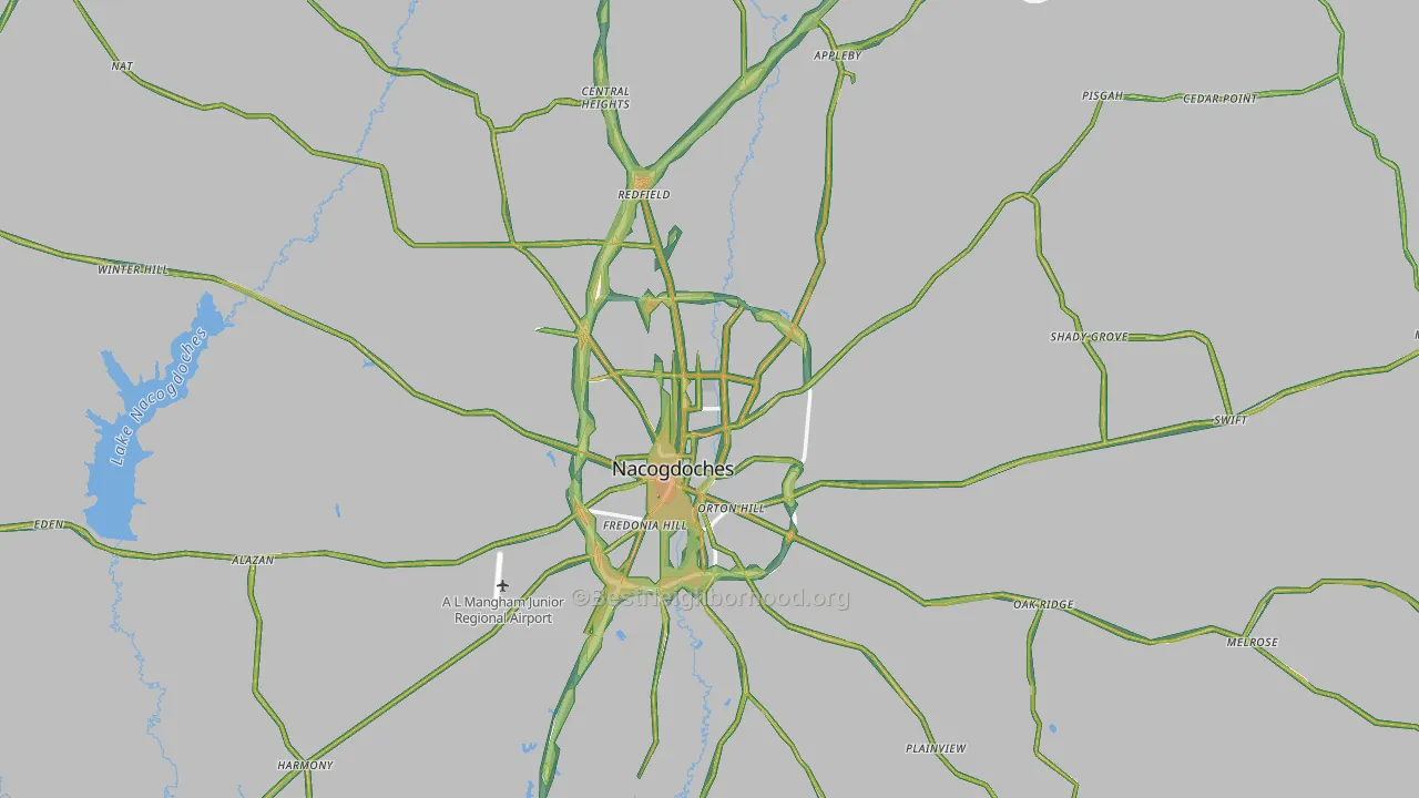 Nacogdoches County, TX Map of Noise Levels in Nacogdoches County