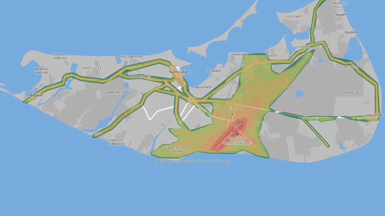 Nantucket County, MA Map of Noise Levels in Nantucket County