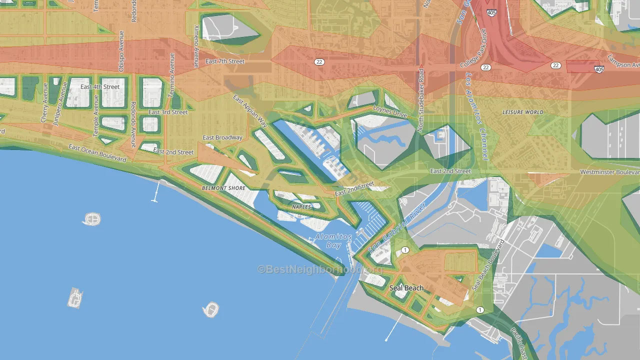 Naples-Marina Area, Long Beach, CA Map of Noise Levels in Naples-Marina Area