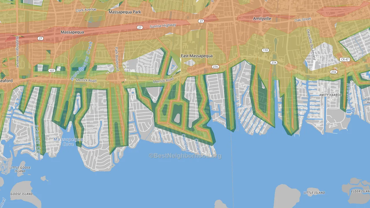 Nassau Shores, East Massapequa, NY Map of Noise Levels in Nassau Shores
