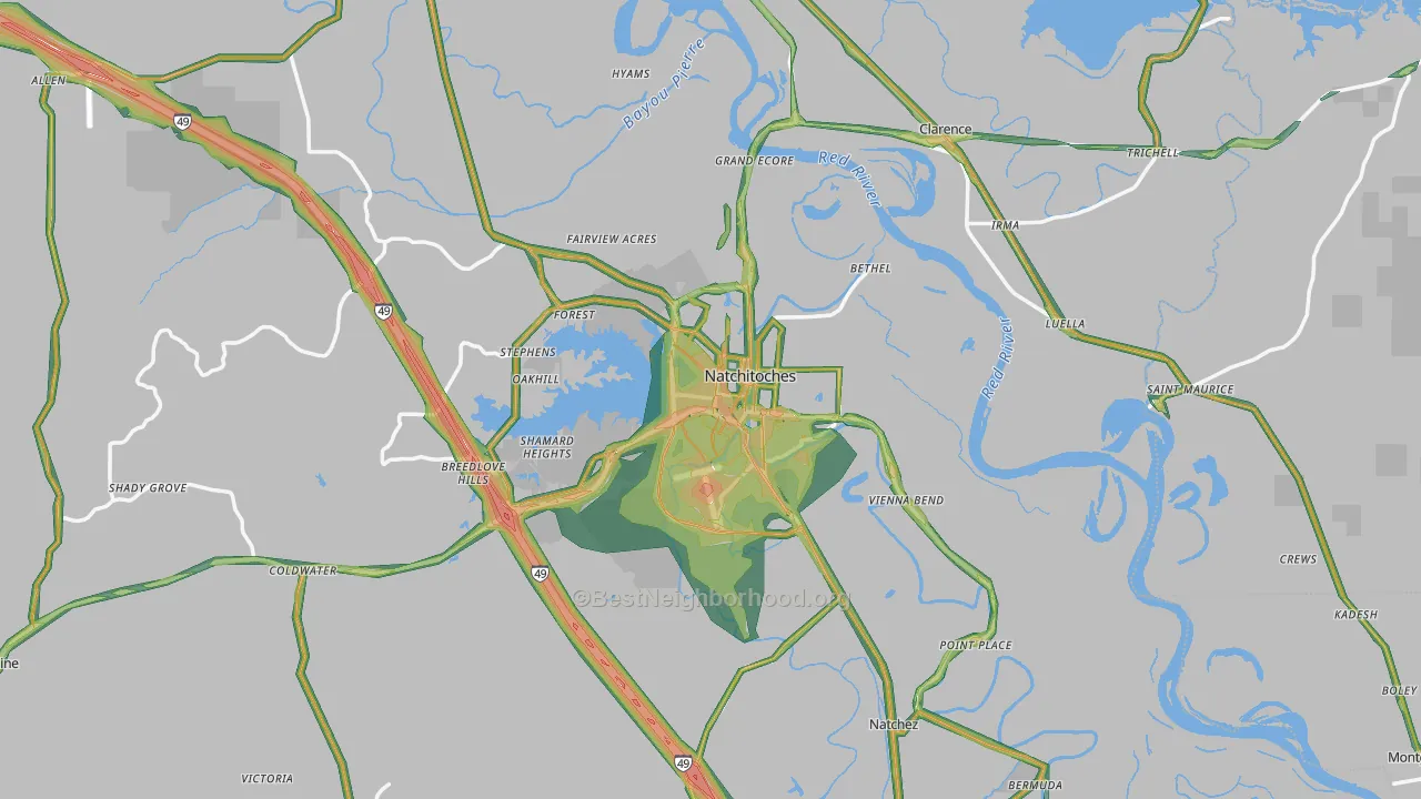 Natchitoches Parish, LA Map of Noise Levels in Natchitoches Parish