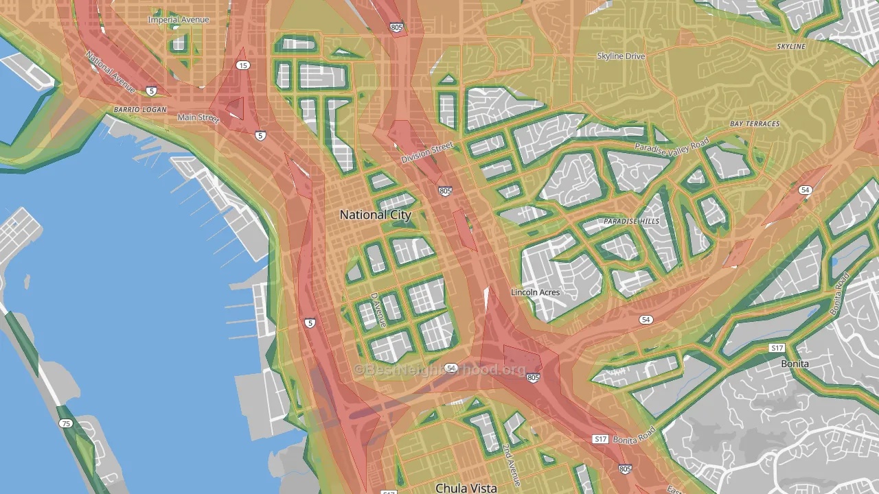 National City, CA Map of Noise Levels in National City
