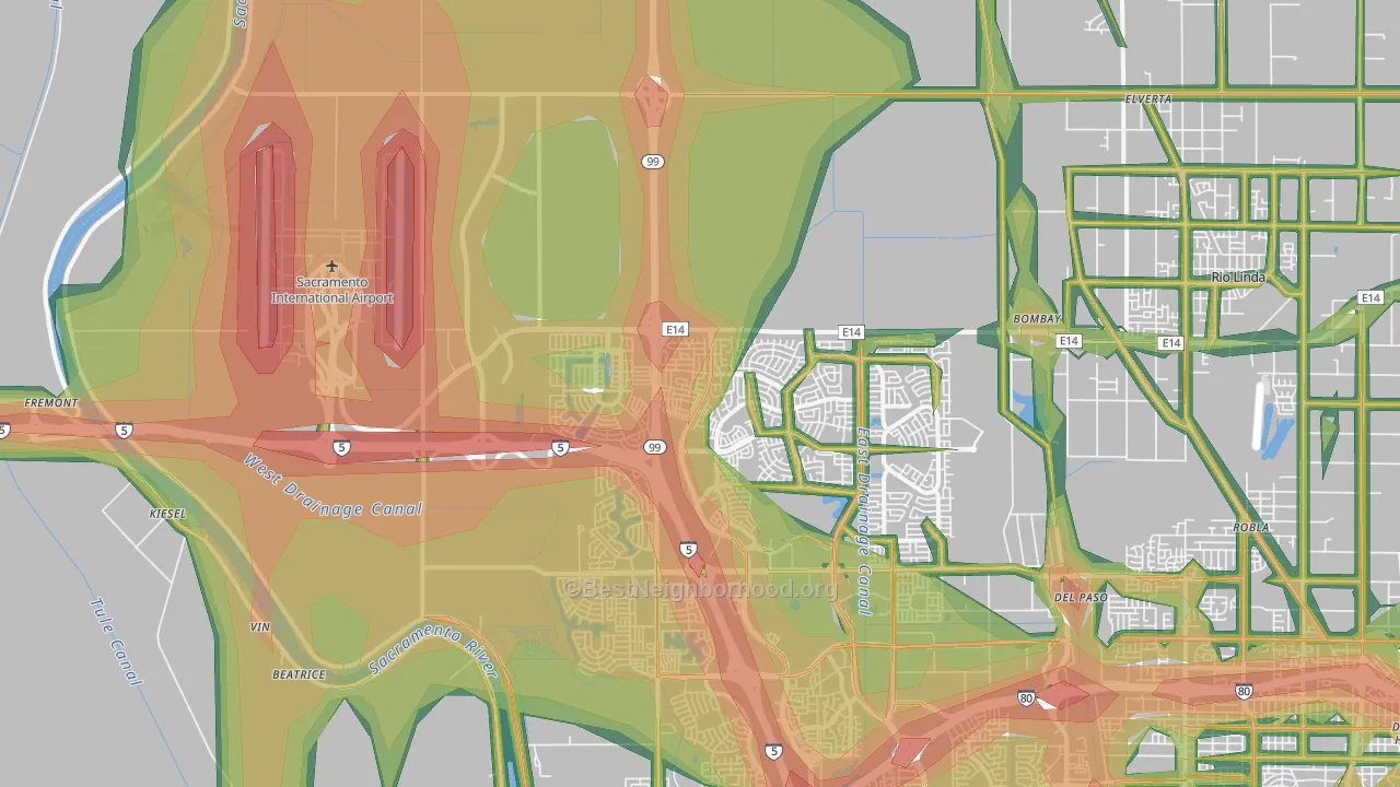 Natomas Creek, Sacramento, CA Map of Noise Levels in Natomas Creek