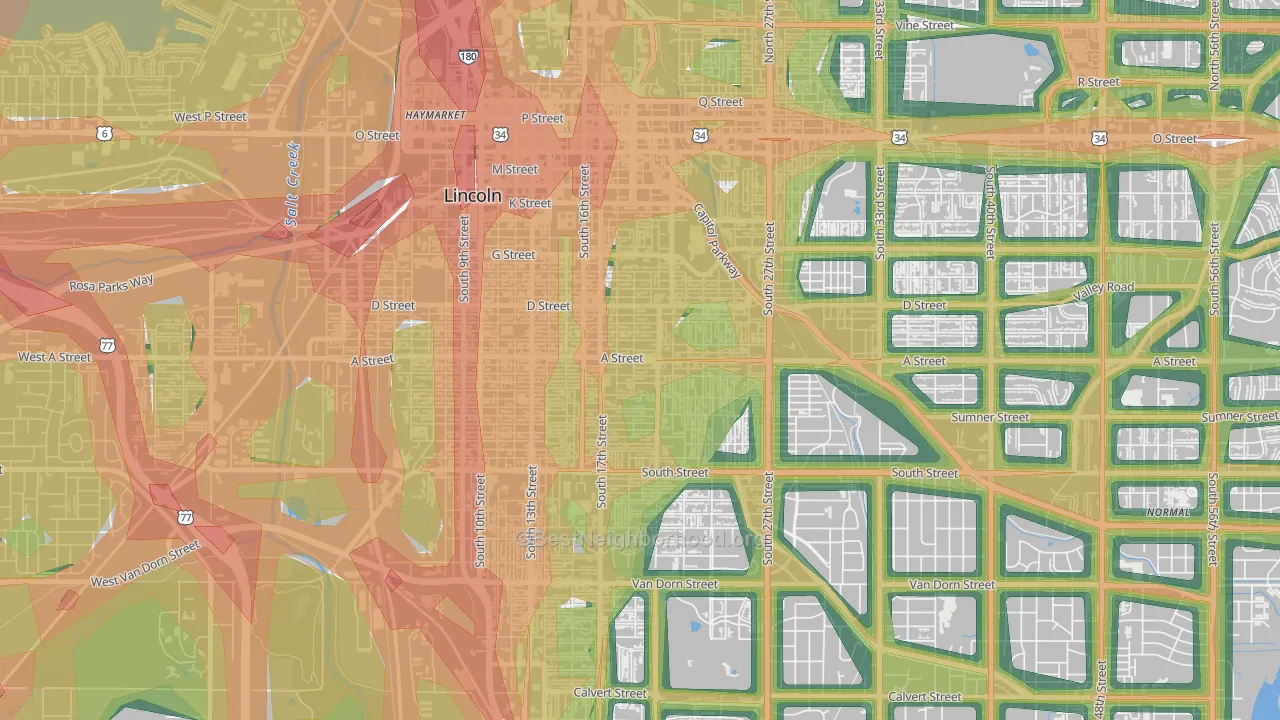 Near South, Lincoln, NE Map of Noise Levels in Near South