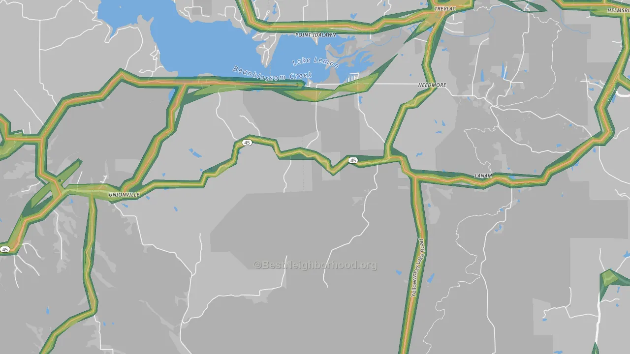 Needmore, IN Map of Noise Levels in Needmore