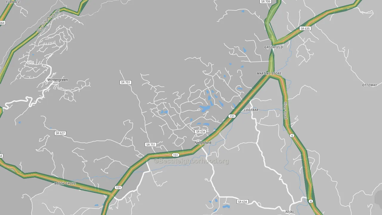 Nellysford, VA Map of Noise Levels in Nellysford