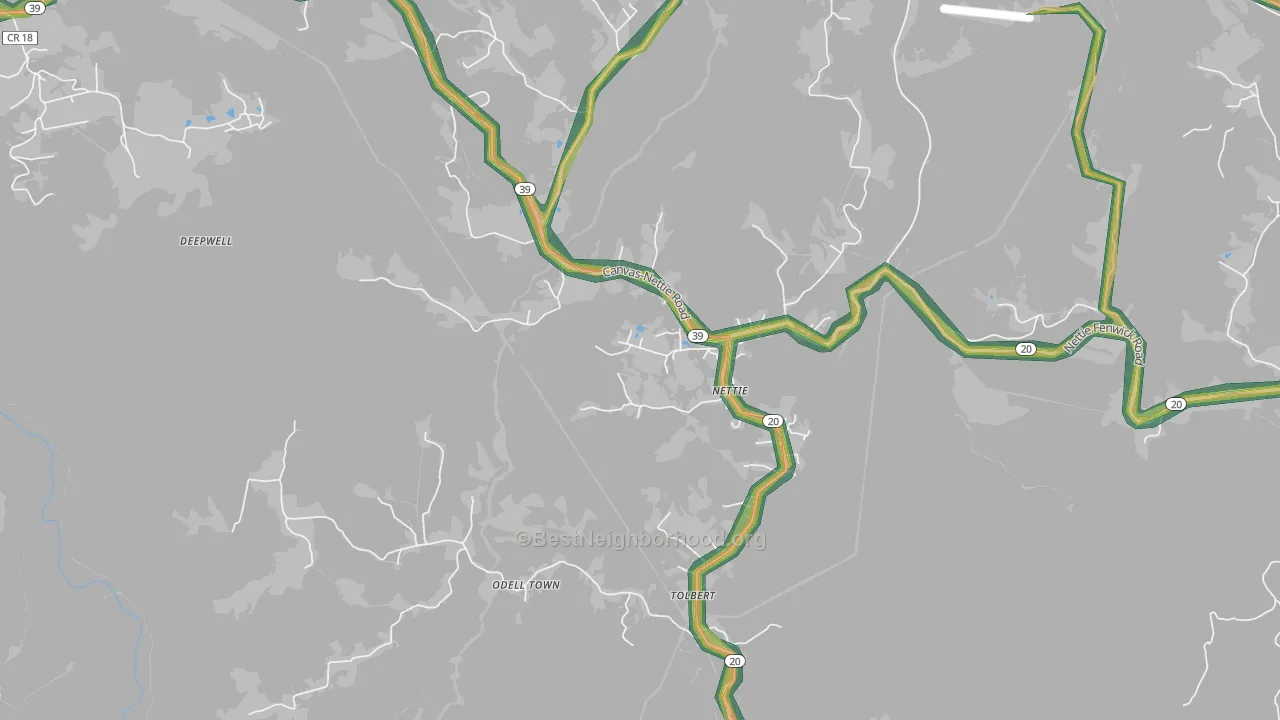 Nettie, WV Map of Noise Levels in Nettie