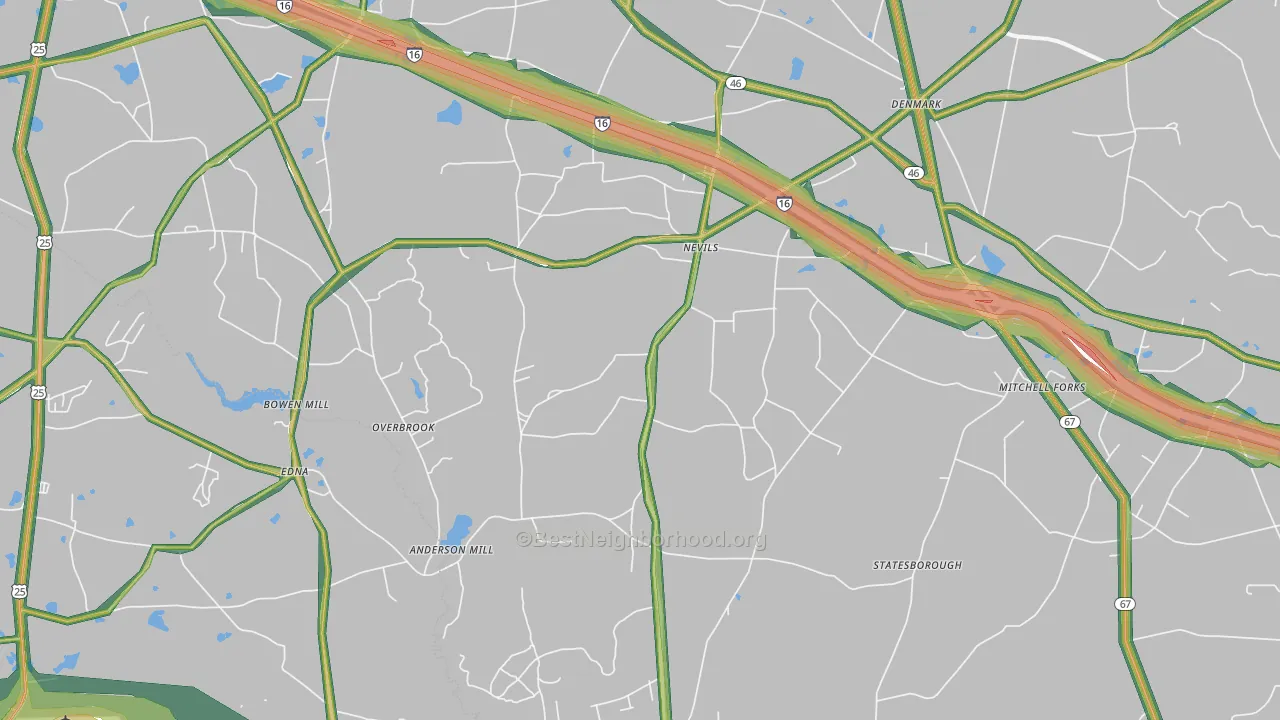 Nevils, GA Map of Noise Levels in Nevils