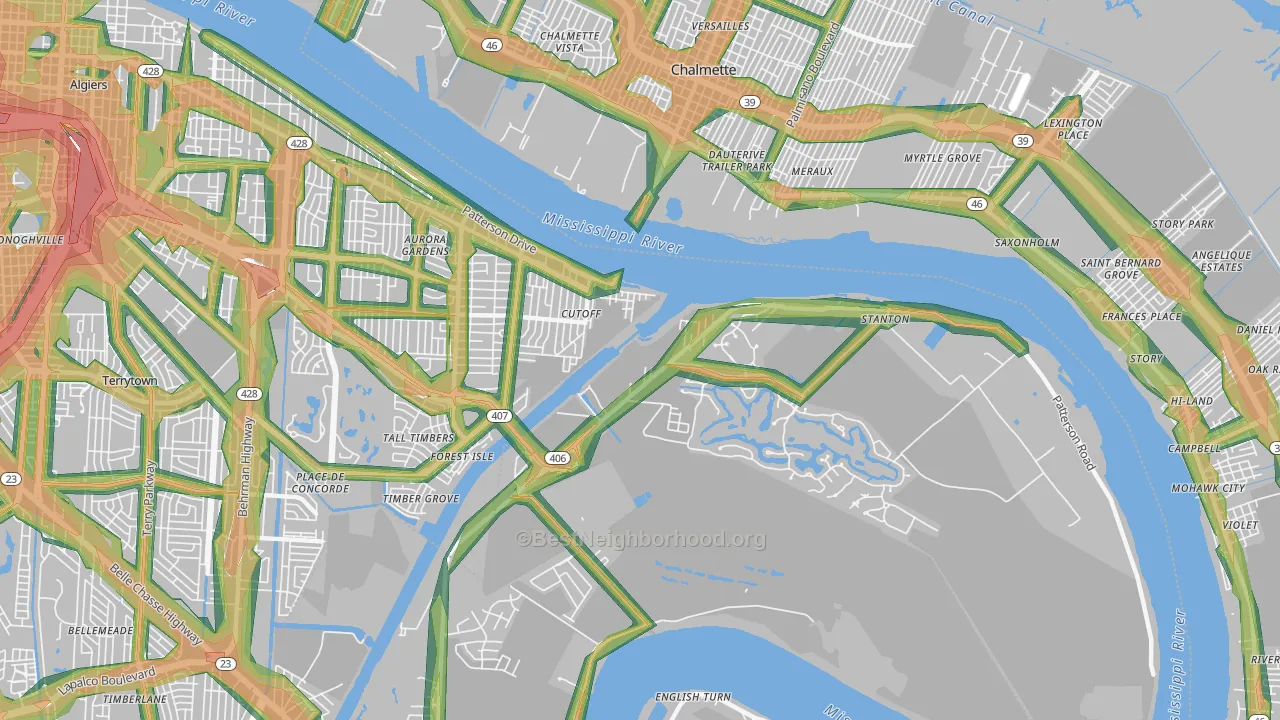 New Aurora, New Orleans, LA Map of Noise Levels in New Aurora