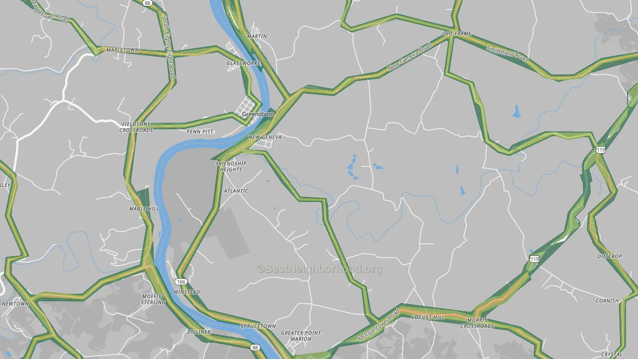 New Geneva, PA Map of Noise Levels in New Geneva