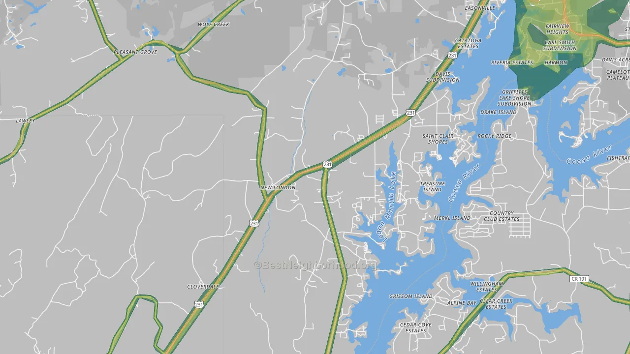 New London, AL Map of Noise Levels in New London