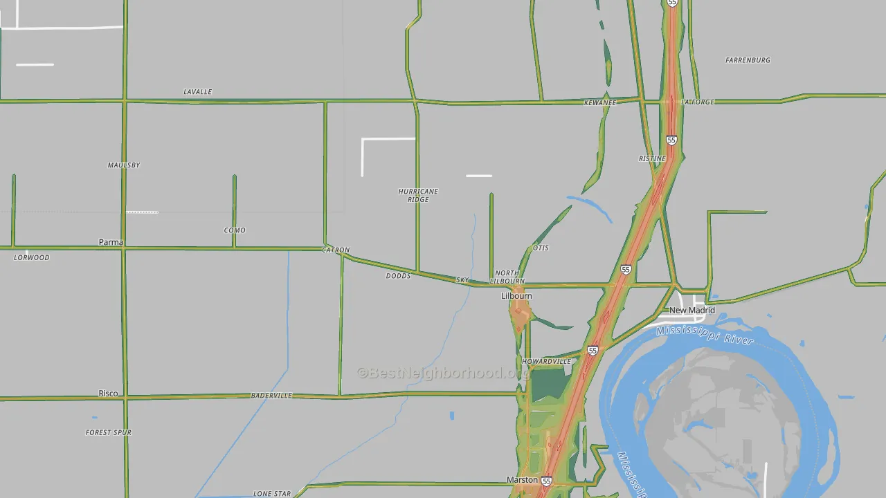 New Madrid County, MO Map of Noise Levels in New Madrid County