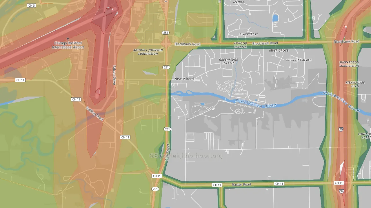 New Milford, IL Map of Noise Levels in New Milford