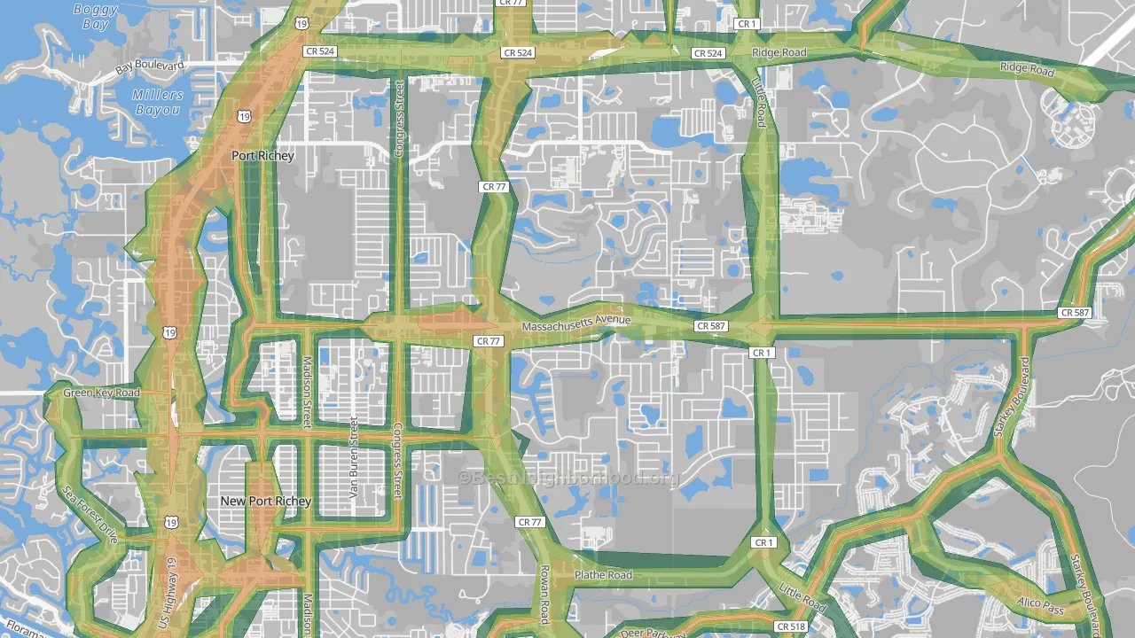New Port Richey East, FL Map of Noise Levels in New Port Richey East