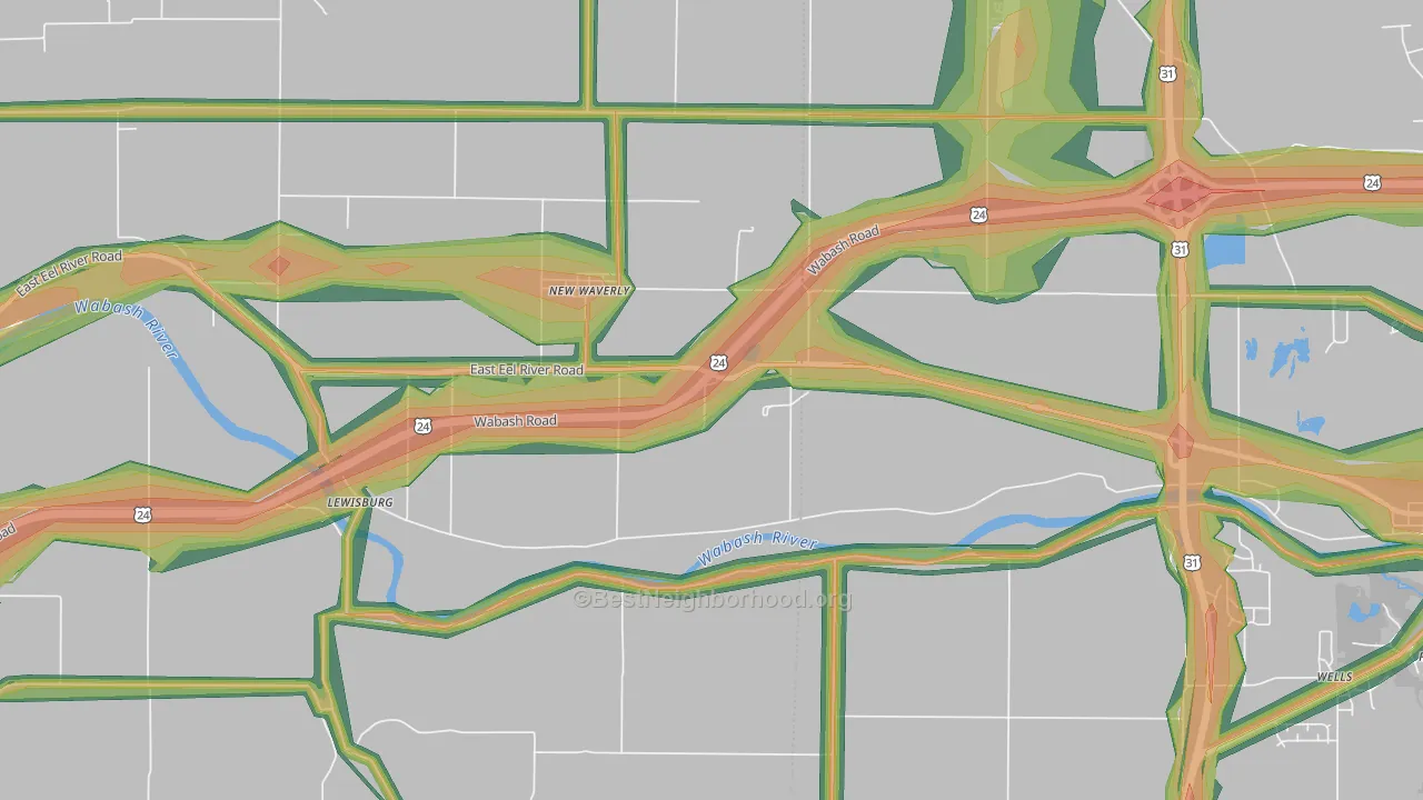 New Waverly, IN Map of Noise Levels in New Waverly
