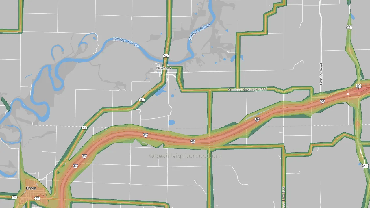 Newberry, IN Map of Noise Levels in Newberry