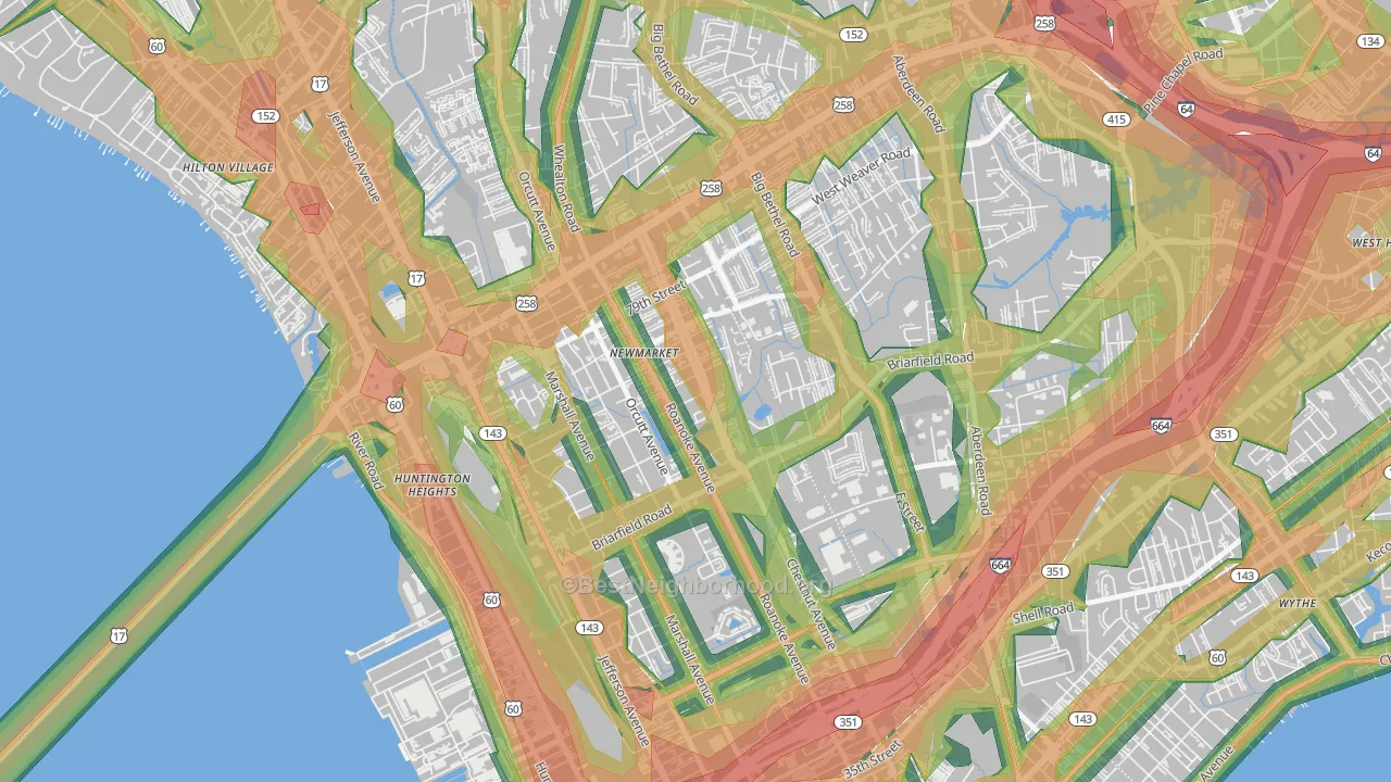 Newmarket South, Newport News, VA Map of Noise Levels in Newmarket South
