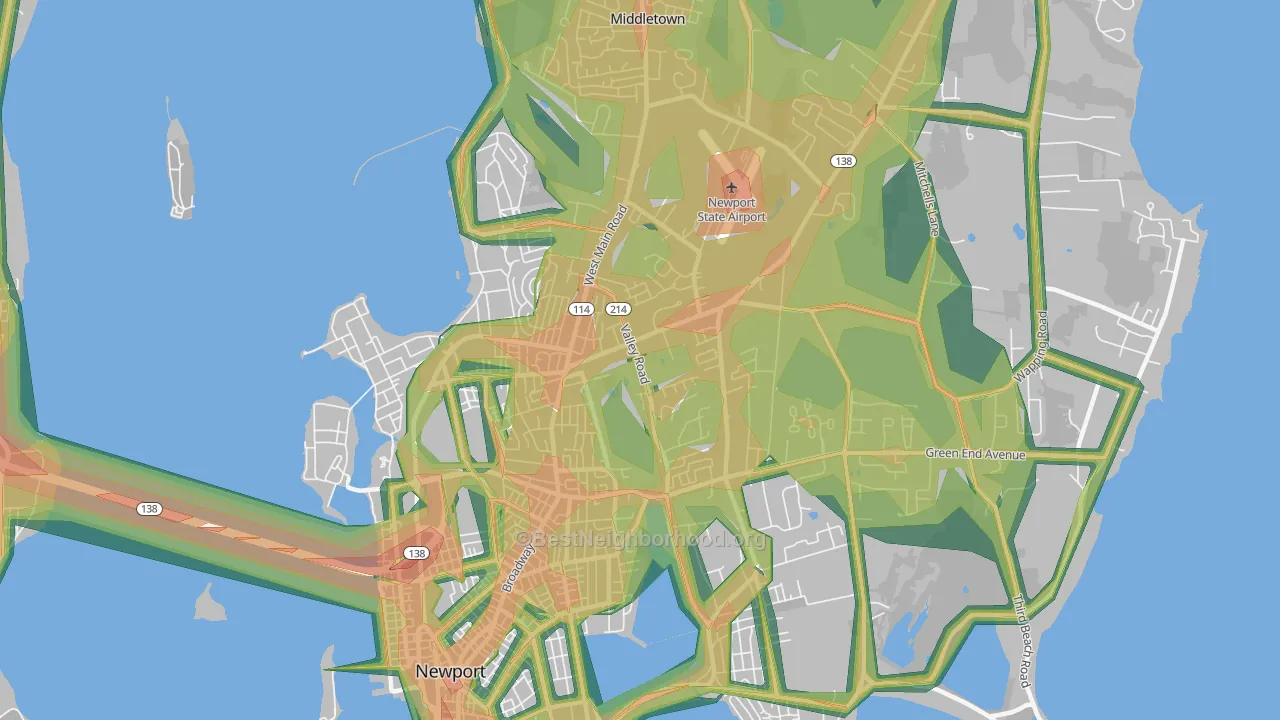 Newport East, RI Map of Noise Levels in Newport East