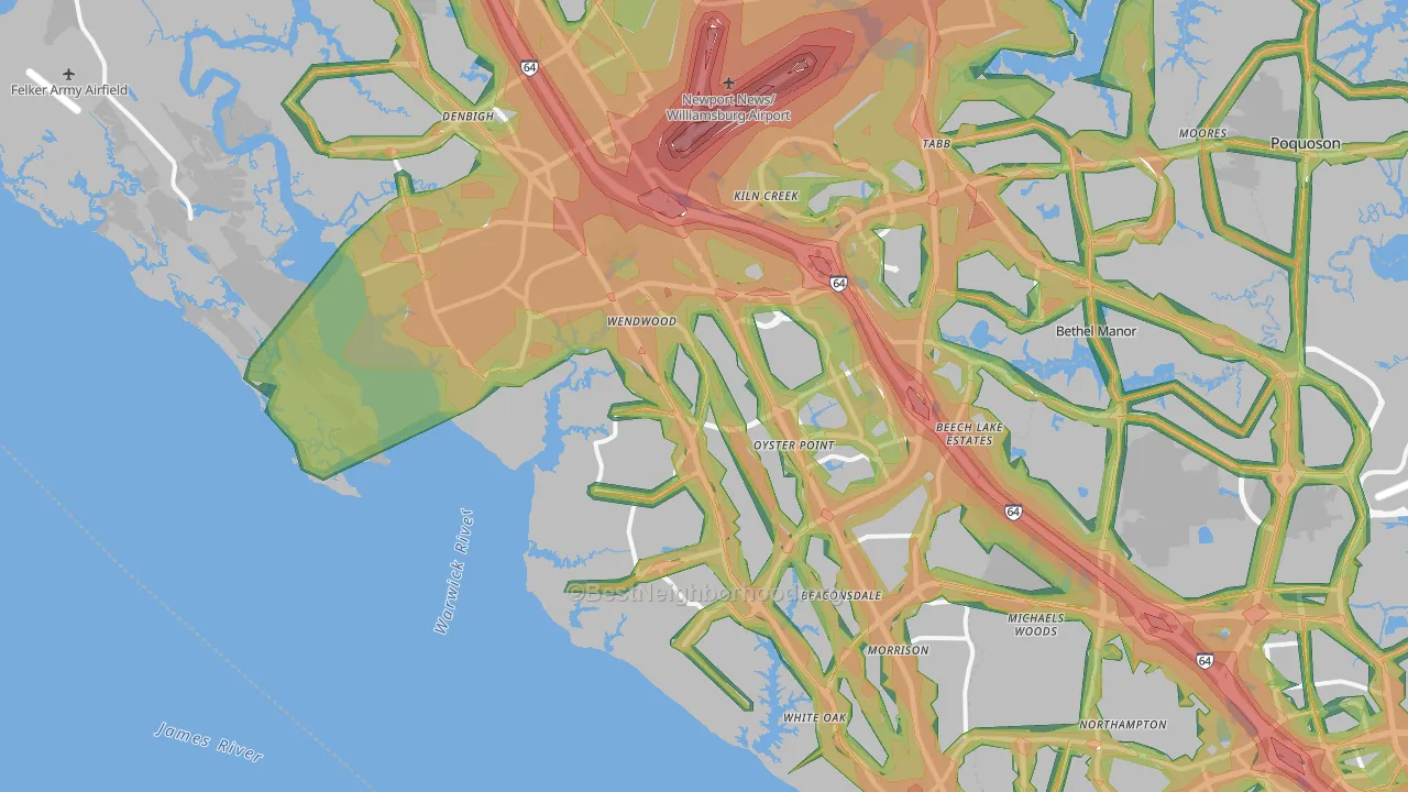 Newport News City, VA Map of Noise Levels in Newport News City