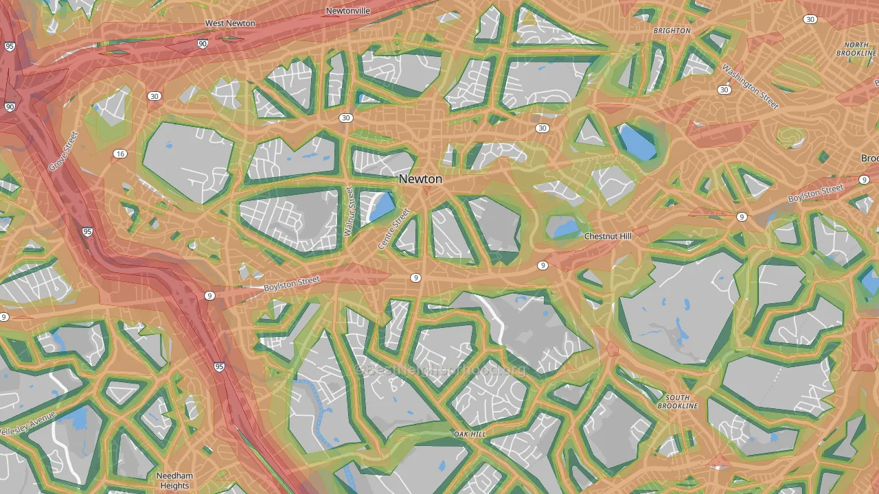 Newton Center, MA Map of Noise Levels in Newton Center