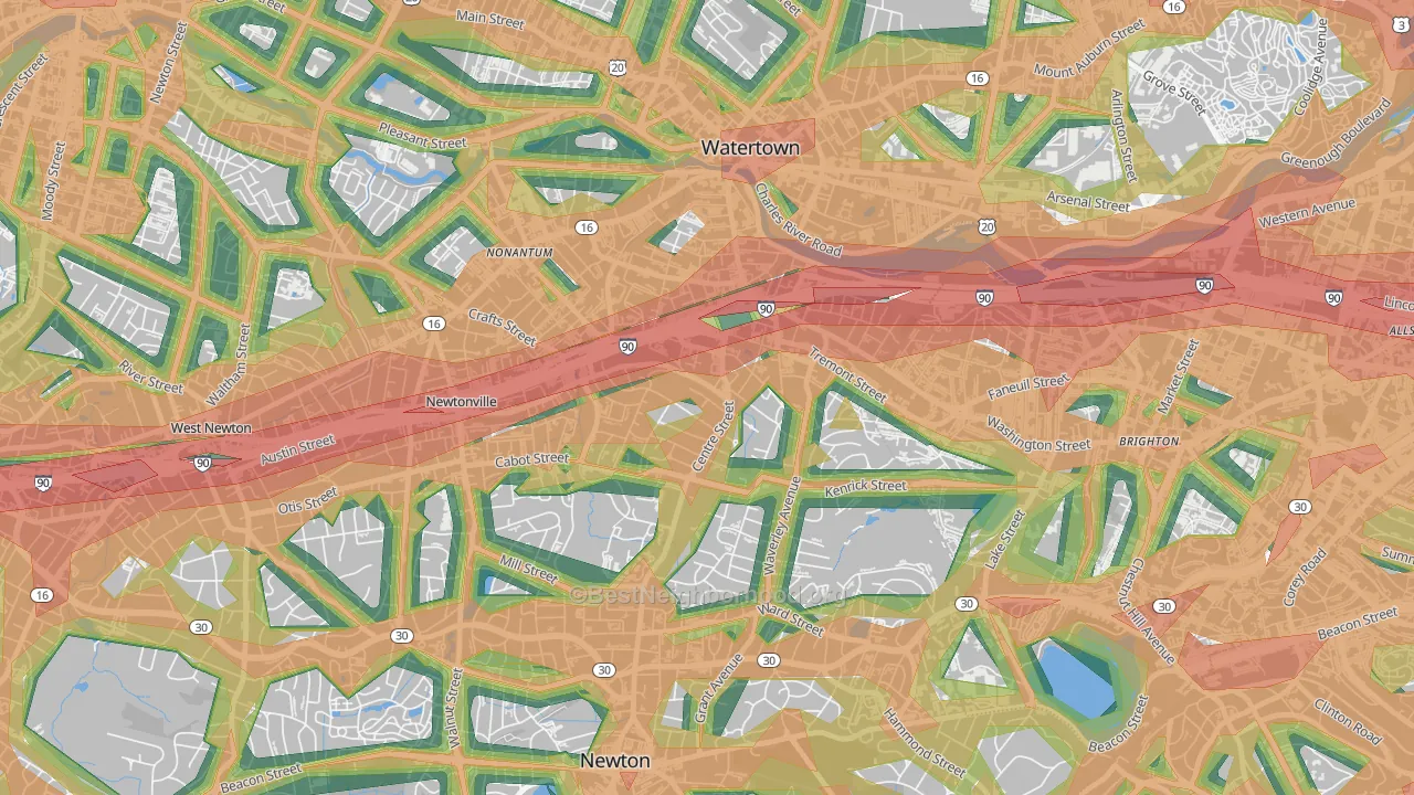 Newton Corner, Newton, MA Map of Noise Levels in Newton Corner