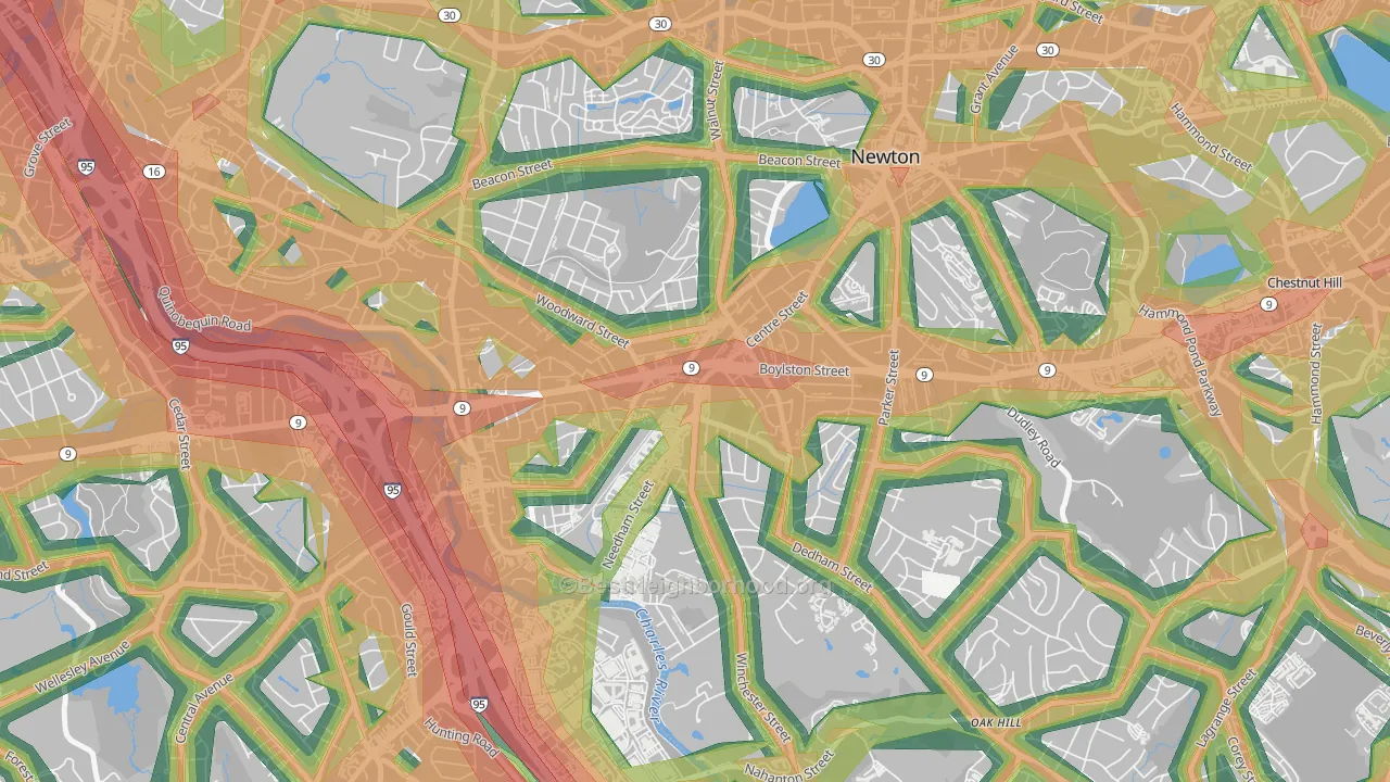 Newton Highlands, MA Map of Noise Levels in Newton Highlands