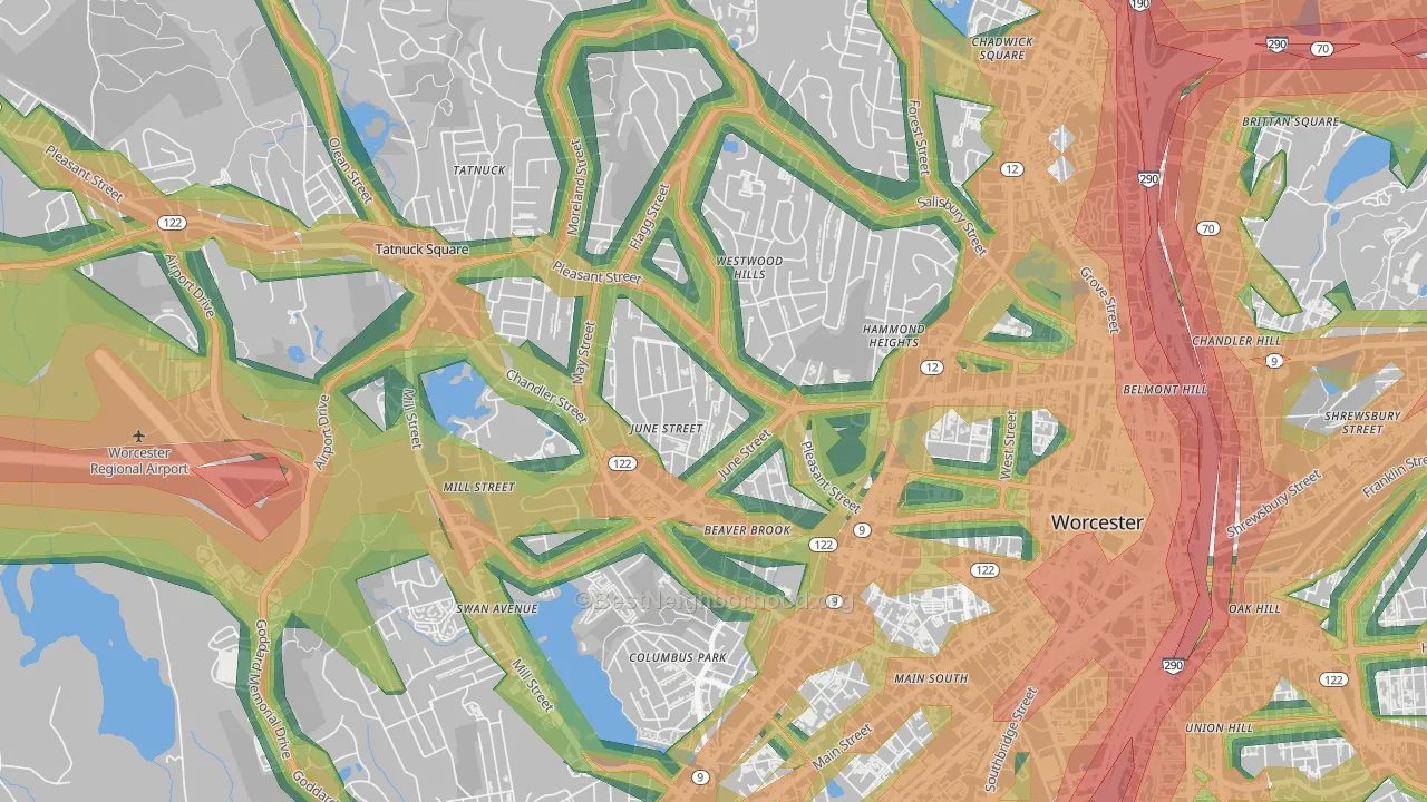 Newton Square, Worcester, MA Map of Noise Levels in Newton Square