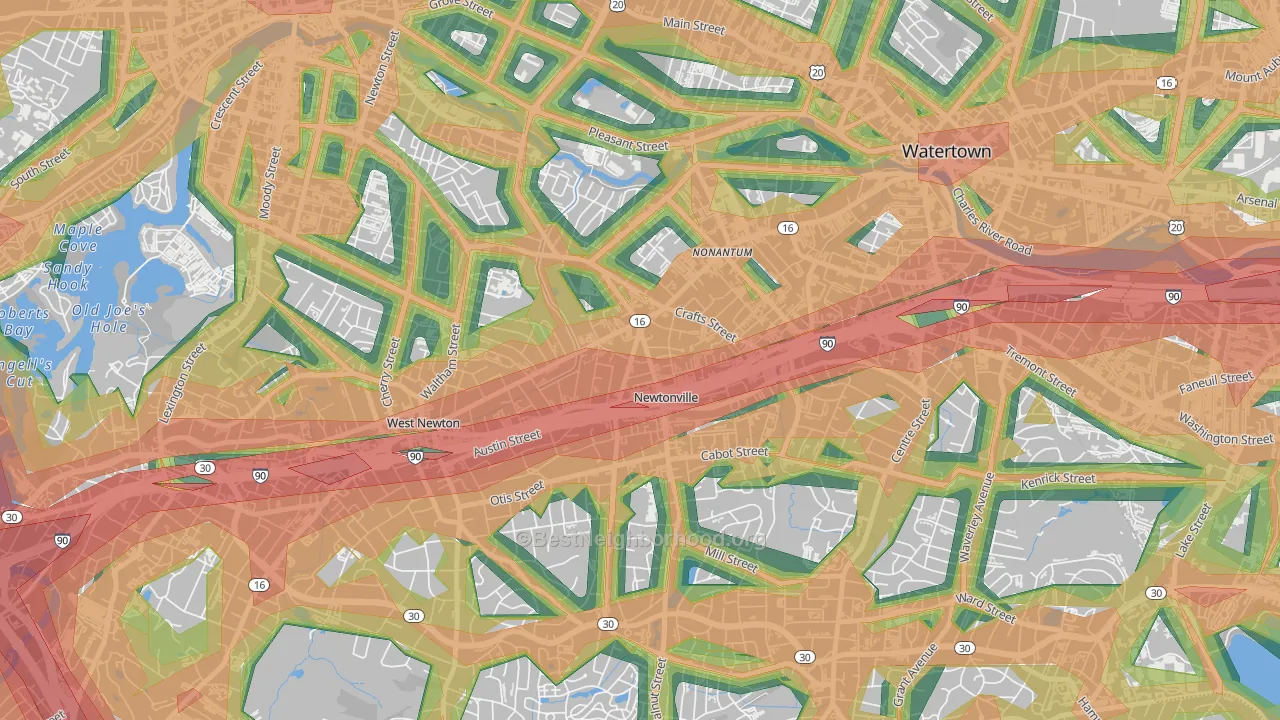 Newtonville, MA Map of Noise Levels in Newtonville