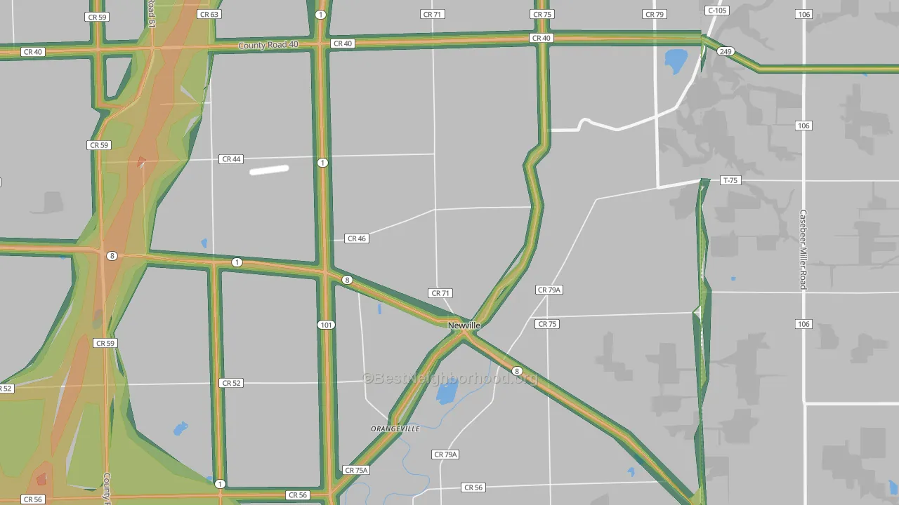 Newville, IN Map of Noise Levels in Newville