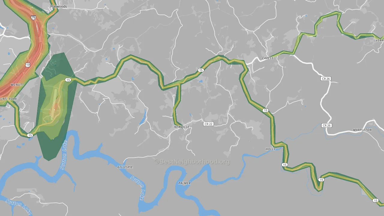 Newville, WV Map of Noise Levels in Newville