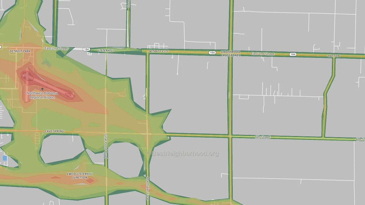 Nitrate City, AL Map of Noise Levels in Nitrate City
