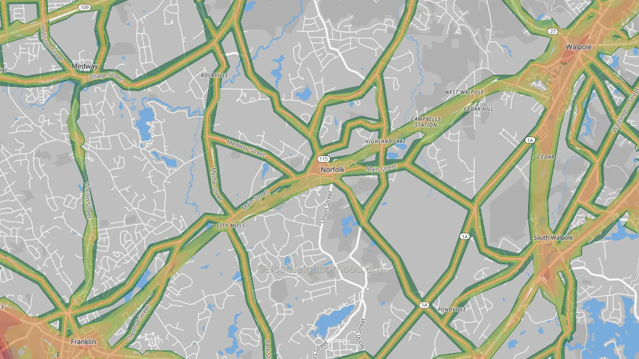 Norfolk, MA Map of Noise Levels in Norfolk