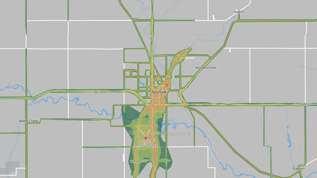Norfolk, NE Map of Noise Levels in Norfolk