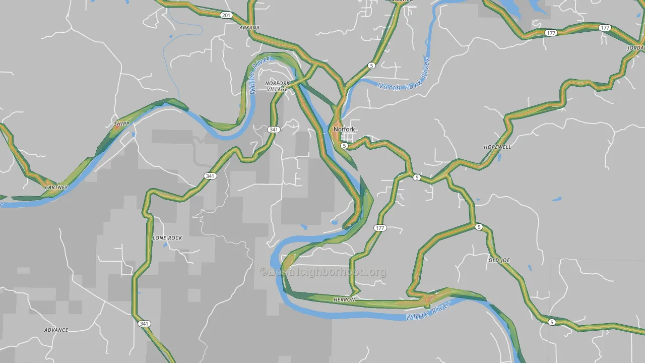 Norfork, AR Map of Noise Levels in Norfork