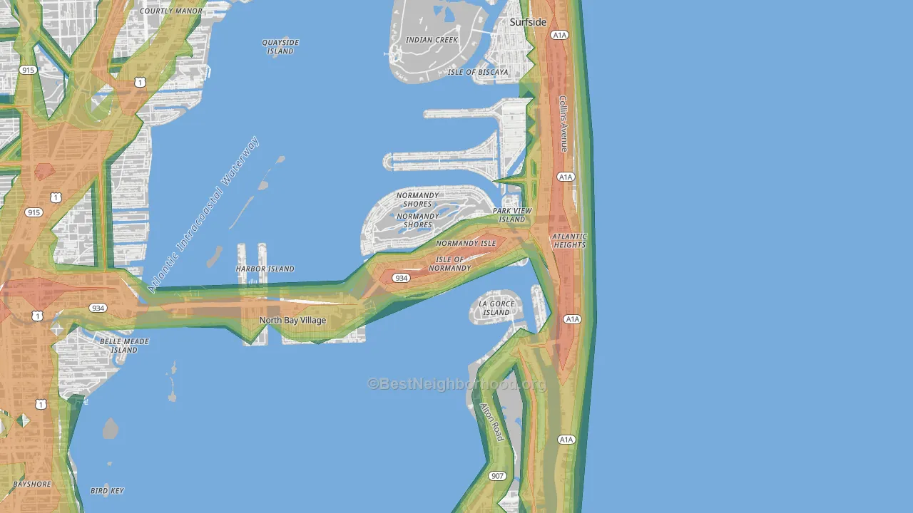 Normandy Isles, North Bay Village, FL Map of Noise Levels in Normandy Isles