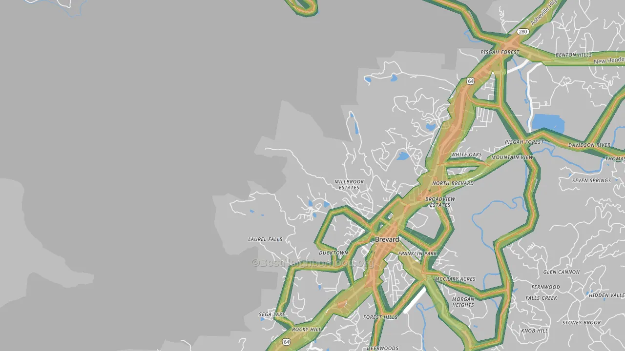 North Brevard, NC Map of Noise Levels in North Brevard