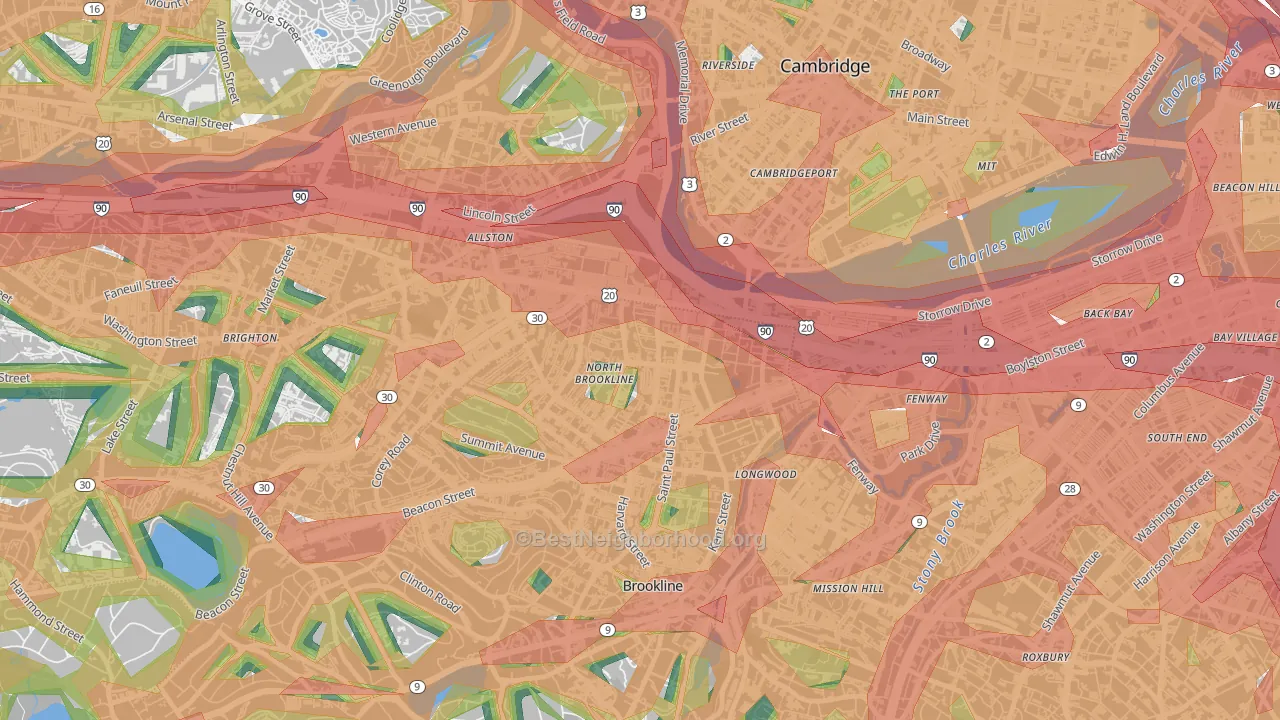 North Brookline, Brookline, MA Map of Noise Levels in North Brookline